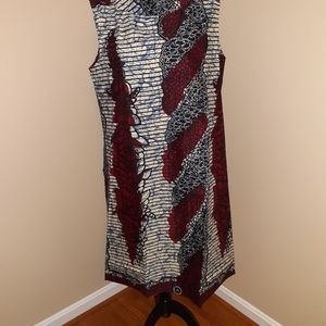 African print sleeveless smock dress.